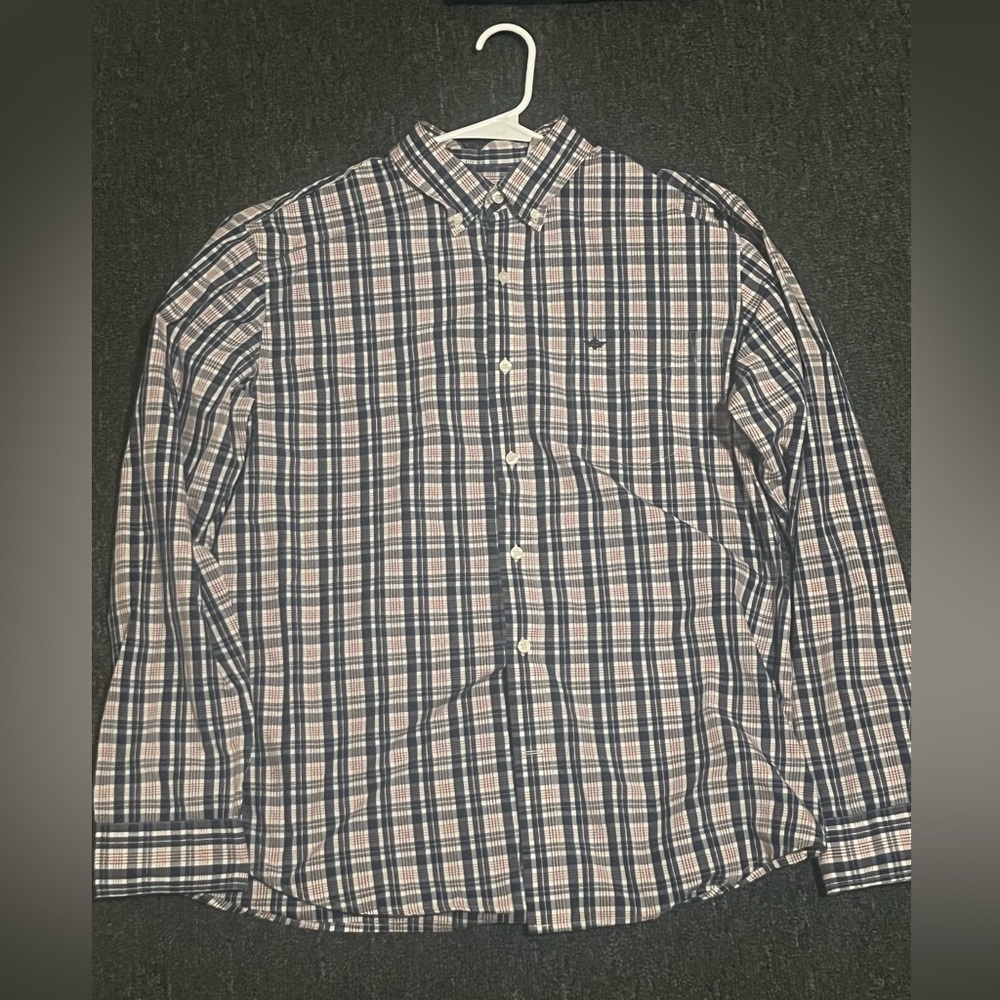 Dockers L button down red white and blue like new